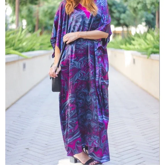CARESS PURPLE BLUE MIX S-4X FULL LOUNGE ROBE COVERUP DRESS CAFTAN KAFTAN - Picture 3 of 4